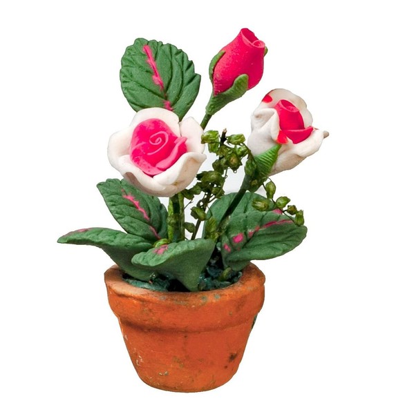 Puppenhaus Rosa Rosen In Terrakotta Topf Miniatur Garten Accessoire 1:12 MaßStab-image