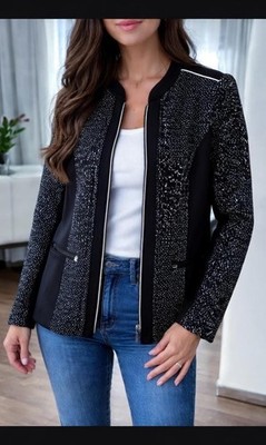 Elegante schwarz-weiße Damenjacke mit Reißverschluss   modern & stilvoll Gr.44