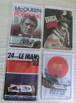 PORSCHE 4 x Blechpostkarte Blechschild Retro Steve Mc Queen Targa Elford Le Mans