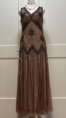 PISARRO NIGHTS SZ 12 SPECIAL EVENT MAXI MESH GOWN BEADS SEQUINS WEDDING FLAPPER 