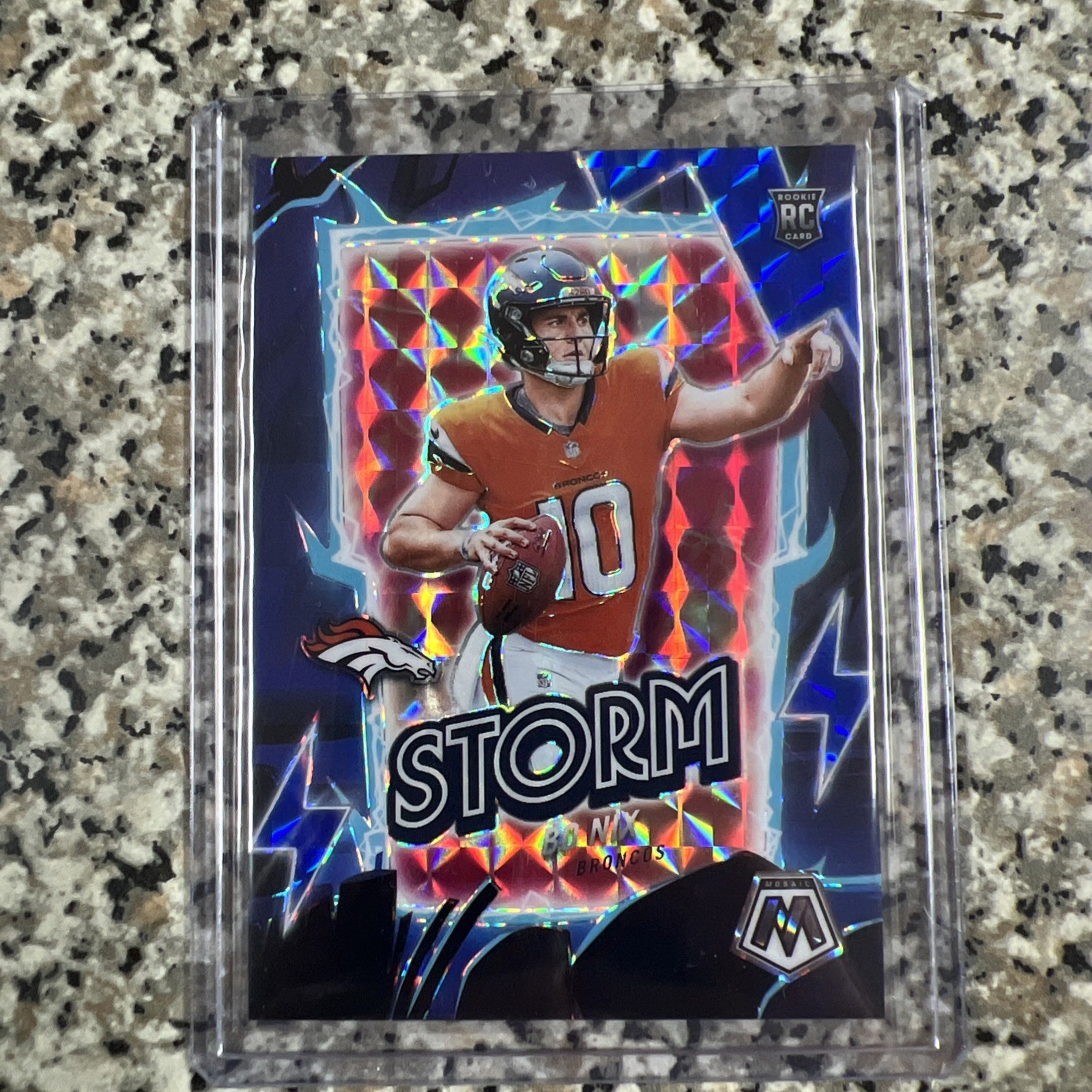 2024 Panini Mosaic Football Bo Nix Storm Blue Mosaic Prizm 65/99 Rookie RC
