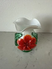 Hand Blown Art Glass Vase Blue Speckled With Appliqué Red Flower & Glass Leaves 