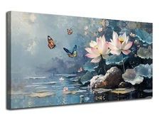 Ardemy Lotus Flower Wall Art Landscape Zen Butterfly Canvas Modern Blue Grey ...
