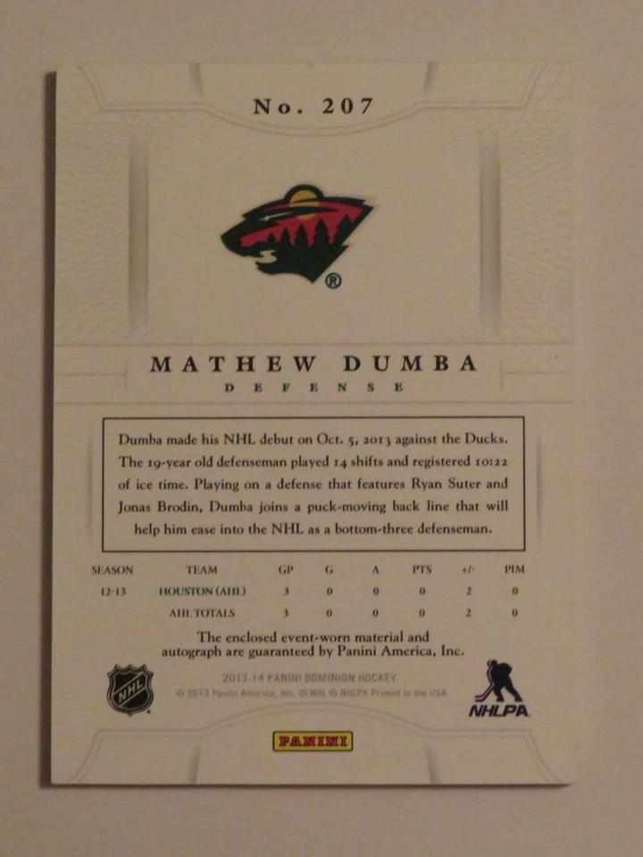2013-14 Panini Dominion Mathew Dumba Rookie Patch Auto /99 - Image 2 of 2