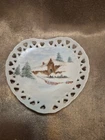Vintage Hand Painted Heart Shaped Milk Glass Winter Home Scene Signed