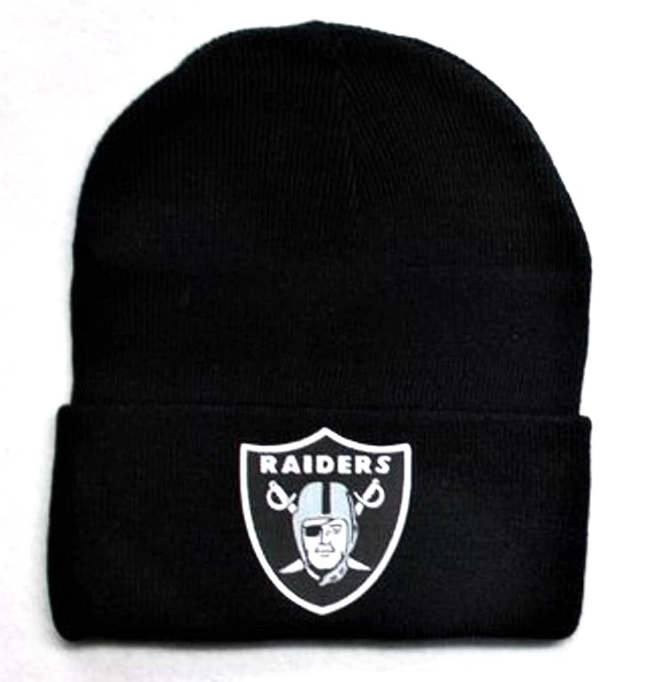 Las Vegas Oakland Raiders flat applique on Black beanie cap hat. See details