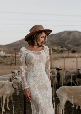 knee length dresses for ladies Long Sleeve Chiffon Wedding Dresses Sweetheart Neck Country Bridal Dresses W0033 As Pictured / 22w main image 0