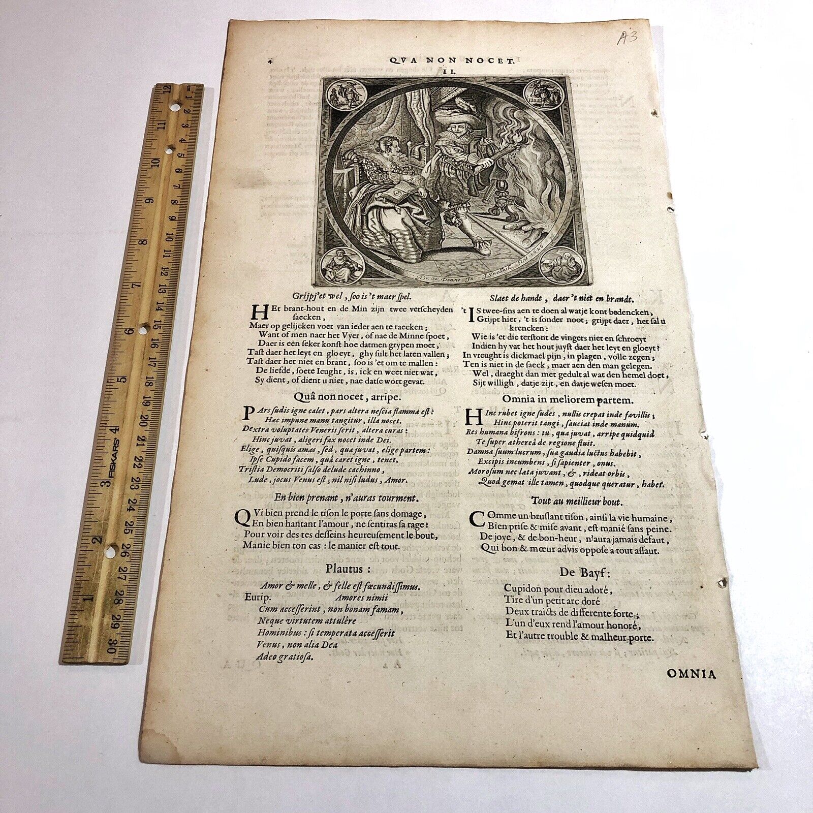 RARE 1658 Jacob Cats “Alle De Wercken” Folio Leaf With Engraving - Amsterdam - A