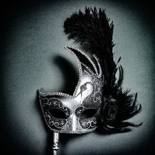 Venetian Side Feather Masquerade Mask Handheld Stick Ball Party Face Mask Silver