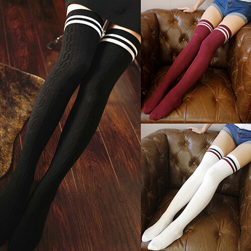 Women Girls Sexy Stripes Thigh High Stockings Opaque Over The Knee Socks Popular - Photo 1 sur 19