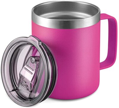 12oz Stainless Steel Insulated Coffee Mug with Handle, Double Wall Vacuum Travel Mug, Tumbler Cup with Sliding Lid - Pink