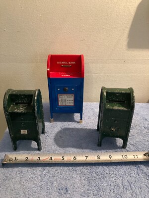 VINTAGE POST OFFICE MAIL BOX BANK LOT NO KEYS ONE NO BOTTOM 2 CAST 1 TIN READ
