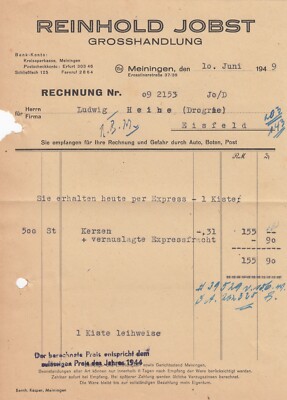MEININGEN, Rechnung 1949, Reinhold Jobst Grosshandlung Kerzen