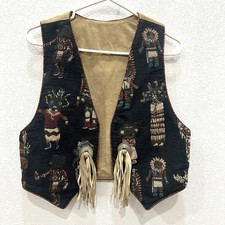 Vintage Y2K Western Suede Leather Vest Native Print Fringe Tapestry Concho M