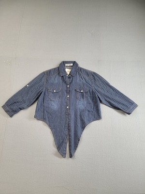 Rokadou Women Shirt S Blue Striped Button Down Roll Tab Sleeve Split Tail Boho