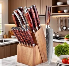 15PC Kitchen Knife Set w/ Wooden Block – Damascus Pattern Stainless Steel Chef K