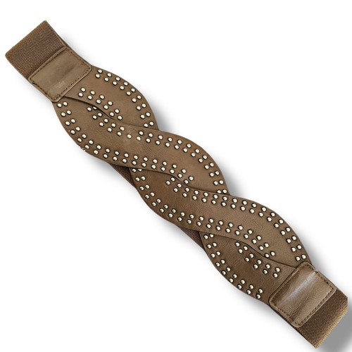 Women's Brown Vegan Faux Leather Studded Wide Braided Elastic Belt M/L 30”-32” - Picture 1 of 6