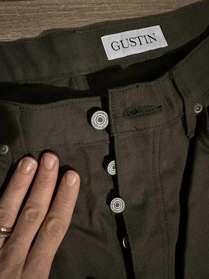 Jeans de mezclilla con ribete verde militar hechos en California Gustin #567 talla 36 Foto 2 de 4