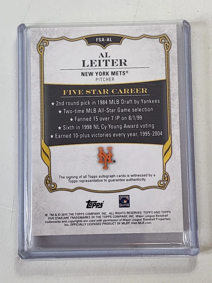 Al Leiter 2015 Topps cinco estrelas autógrafos Mets no cartão autografado FSA-AL - Imagem 2 de 4