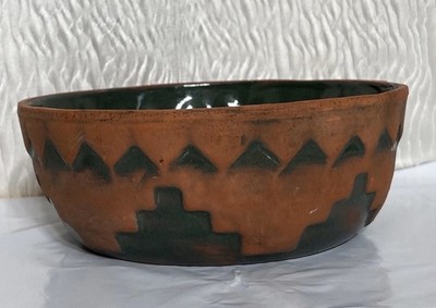 Southwest Sign TCC USA Terra Cotta Pottery Pot Bowl W Green Glaze 8  Dia-3  Tall