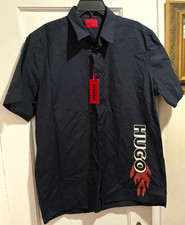 HUGO BOSS Black Flame Cotton Blend Short Sleeve Button Down Shirt Sz XL NWT