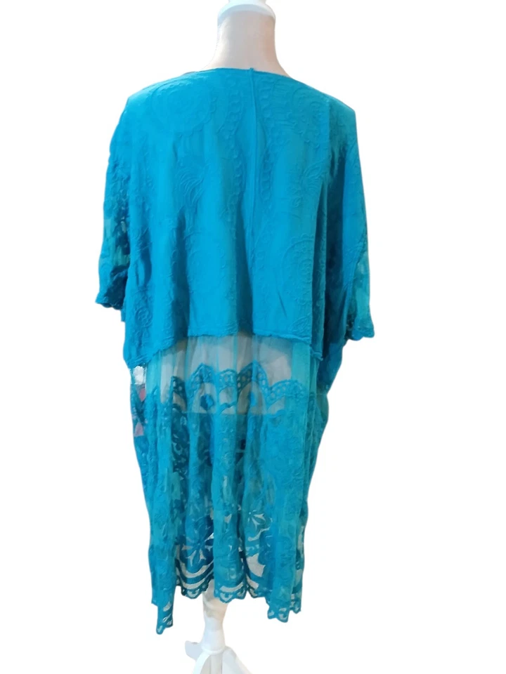 Blusa túnica larga de encaje verde azulado Davi & Dani 2x 3x bordada Lagenlook malla transparente Foto 4 de 4