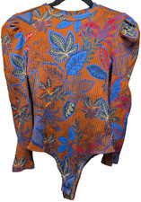 Farm Rio Womens Size S Long Puff Sleeve Floral Bodysuit Cotton  Elastane EUC
