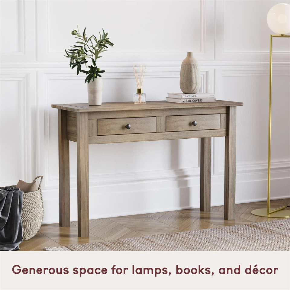 2 Drawer Console Table Solid Wood Pine Shelf Display Hallway Storage Furniture - Image 4 of 4