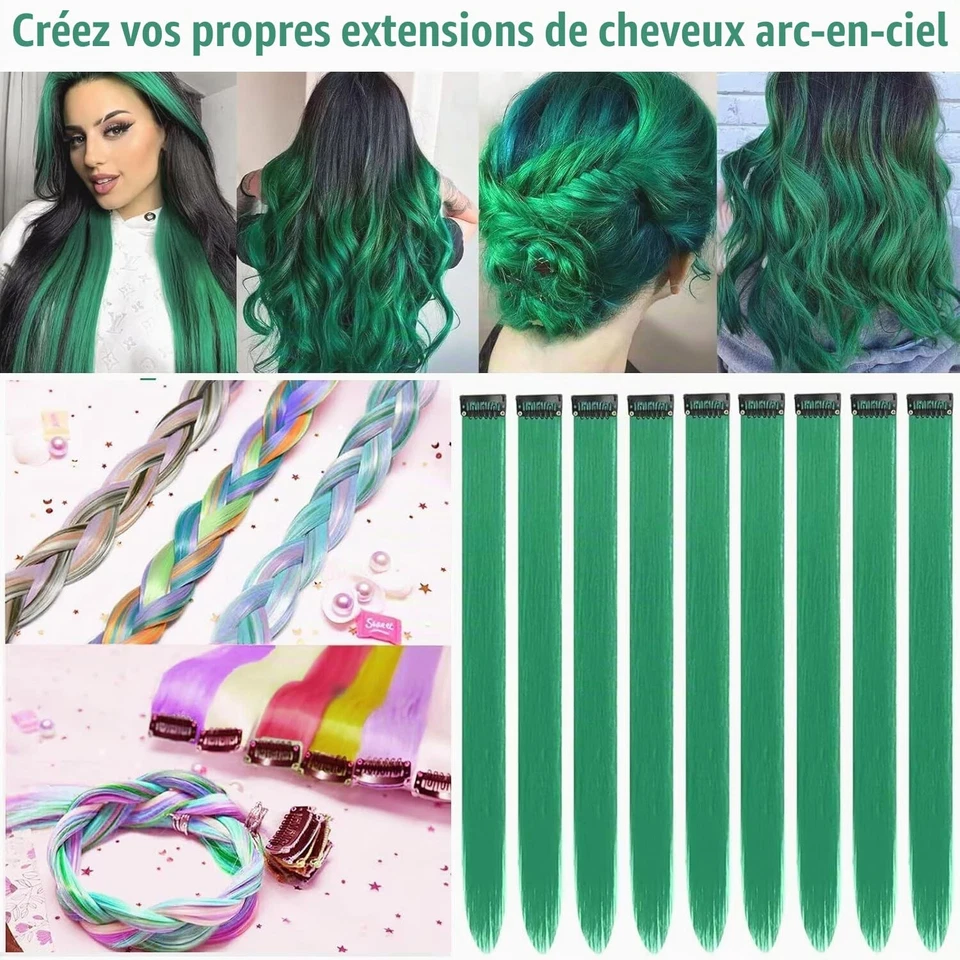Lot de 12 mèches de cheveux à clipser Vert gazon 55 cm Extensions à clip ... - Photo 3/4