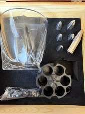 Whiskey Stone Gift Set Glasses .Stainless Steel Tongs Wooden Box DE CROWN