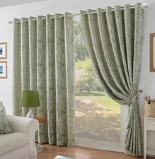 Image of Botanic Leaf Design Jacquard Eyelet Curtains in Green All Sizes Fully Lined