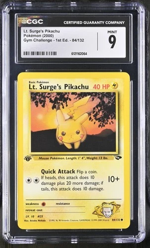 CGC 9 MINT Lt. Surge's Pikachu Gym Challenge 1st Edition 84/132 Pokemon Card