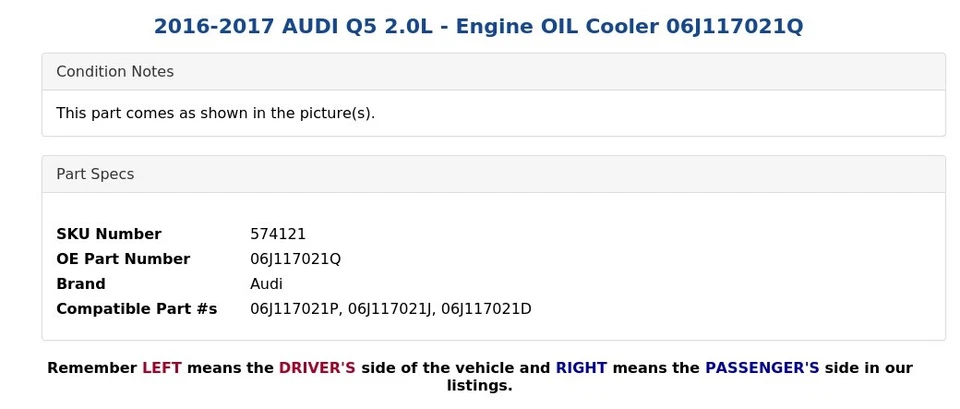 AUDI Q5 2016-2017 2,0 L - Enfriador de aceite del motor 06J117021Q Foto 4 de 4