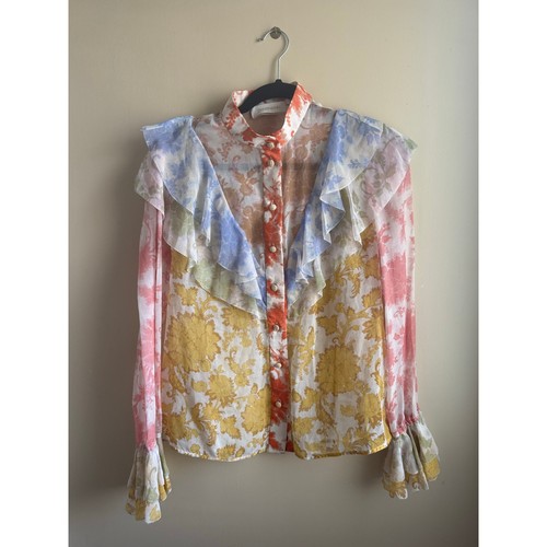 Zimmermann Postcard Print Ruffle Silk Blend Blouse