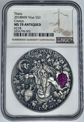2018 MW Niue $2 Cronus Titans 2 Oz Silver Coin NGC MS 70 Antiqued 500 Mintage