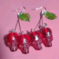 Acrylic Red Skull Green Leaves Long Dangle Earrings I Combine Shipping 