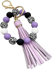 Black Leopard Print Wood Beads Bracelet Keychain Wristlet for Women, Cute Key