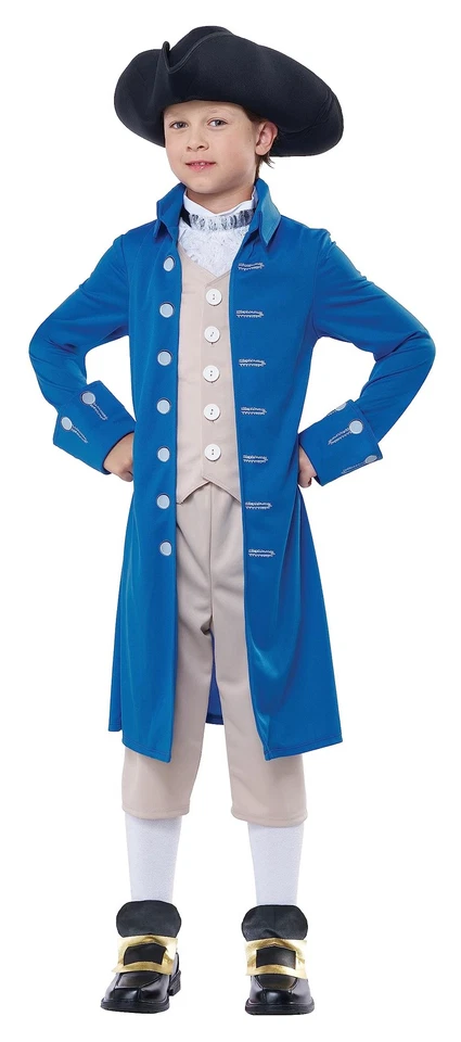 Disfraz Niño Paul Revere Mediano Azul Tostado Colonial Histórico Patriota Conjunto Foto 3 de 3