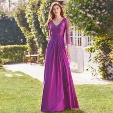 A Line Mother of the Bride Dress Purple Chiffon Long Lace 3/4 Sleeves V Neck