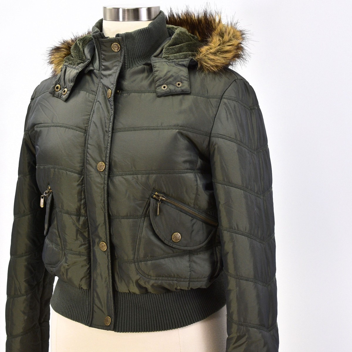 Forest Green Puffer Coat Utility Jacket Womens XL Faux Fur Trim Hooded  Giacca