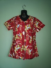 DISNEY CHRISTMAS RED TINKER BELL WITH BELLS ON MEDICAL WORK SCRUBS SHIRT TOP XS