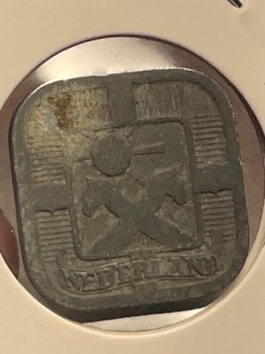 NETHERLANDS WILHELMINA 1943 5 CENTS WWII GERMAN OCCUPATION Square Shape ZINC - Picture 4 of 5