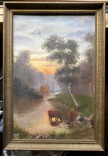 Oil painting landscape sunset around 1890 illegibly signed frame birch