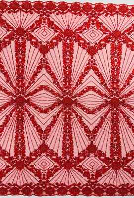 Red Beaded Geometric Pattern Beaded Fabric, by yard, Embroidery