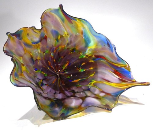 HAND BLOWN GLASS ART BOWL/VASE, RAINBOW, RED, BLUE, AQUA, PURPLE, DIRWOOD, n4000 - Picture 3 of 9