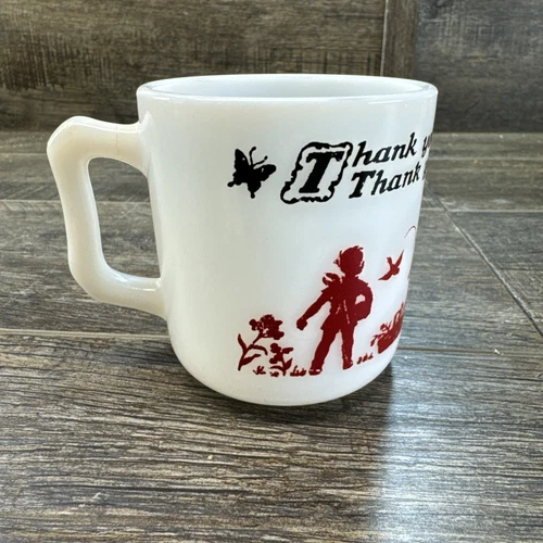 Hazel Atlas Child's Cup Mug Milk Glass Thank you God for Everything