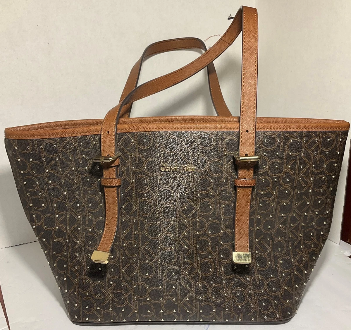 Calvin Klein Women's Brown Logo Print Stud Detail Tote Handbag - Used - GC