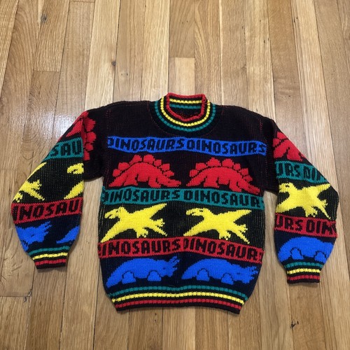 Kids Dinosaur Knit Sweater Vintage ColorBlack Red Green Animal Print Acrylic USA - Picture 2 of 4
