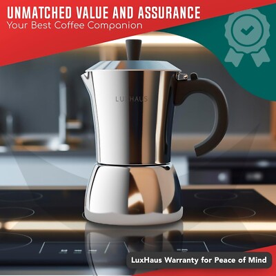 LuxHaus Moka Pot - 9 Cup Stovetop Espresso Maker - 100% Stainless