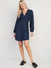 NEW Old Navy Womens Soft Lyocell Puff Sleeve Blue Jean Mini Wrap Dress XS 2 NWT